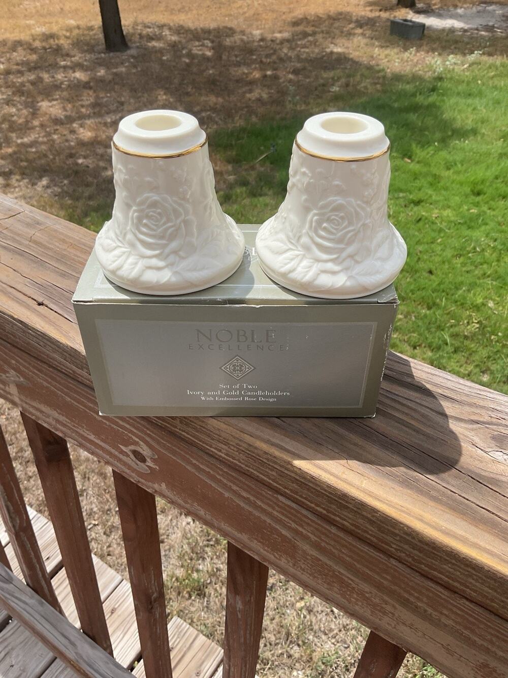 Noble Excellence Candleholder Ivory & Gold Embossed Set Of 2